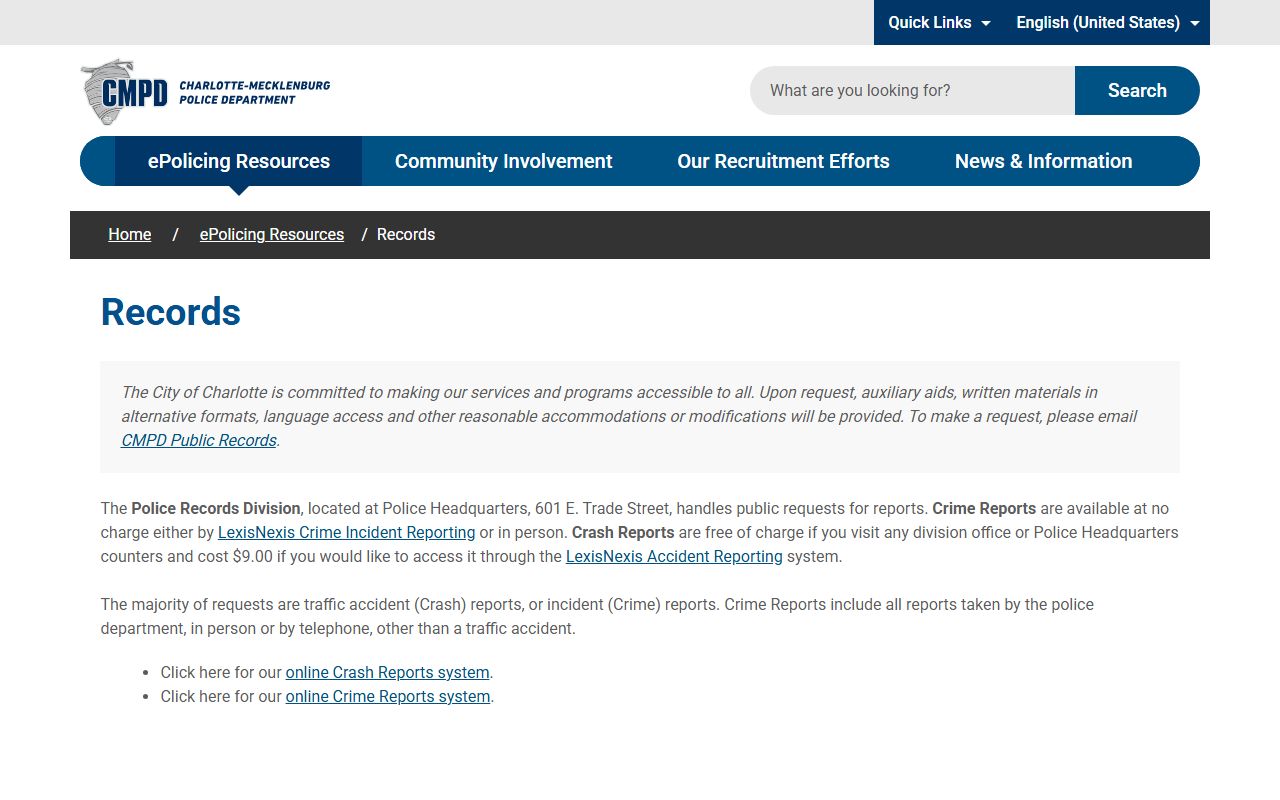 CMPD Records Division page for Charlotte DUI arrest records