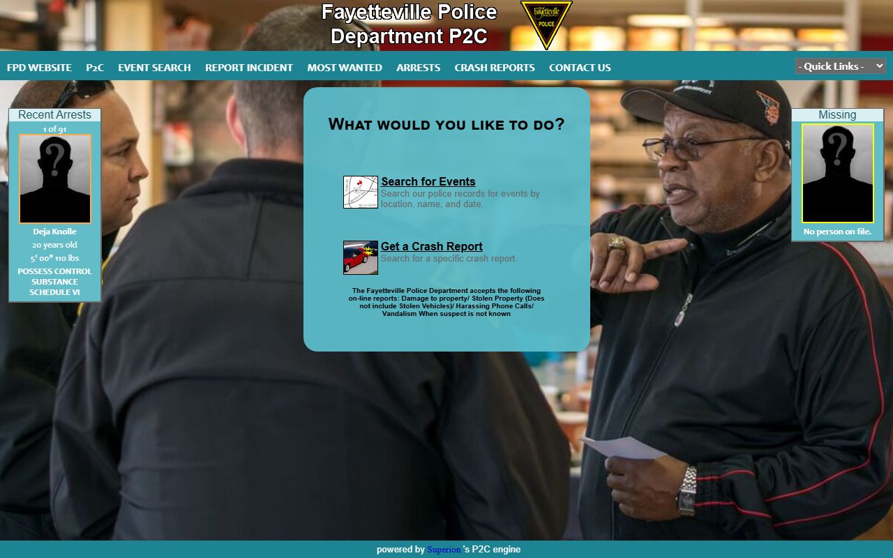 Fayetteville Police P2C portal for DUI arrest record searches