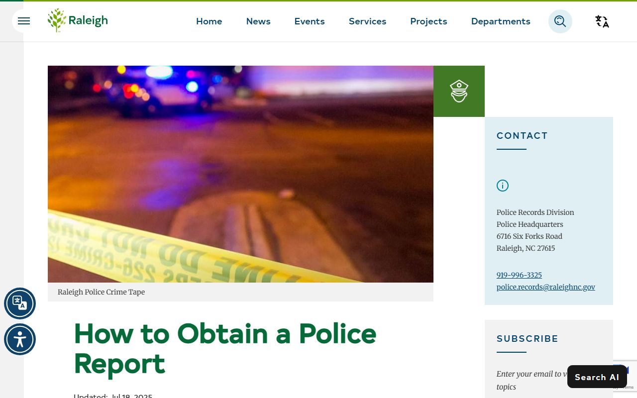 Raleigh Police Department records page for DUI reports