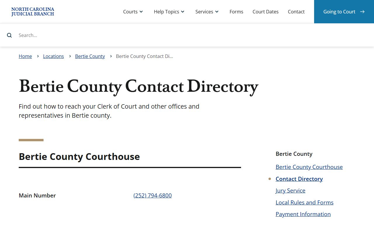 Bertie County official contact directory for DUI records