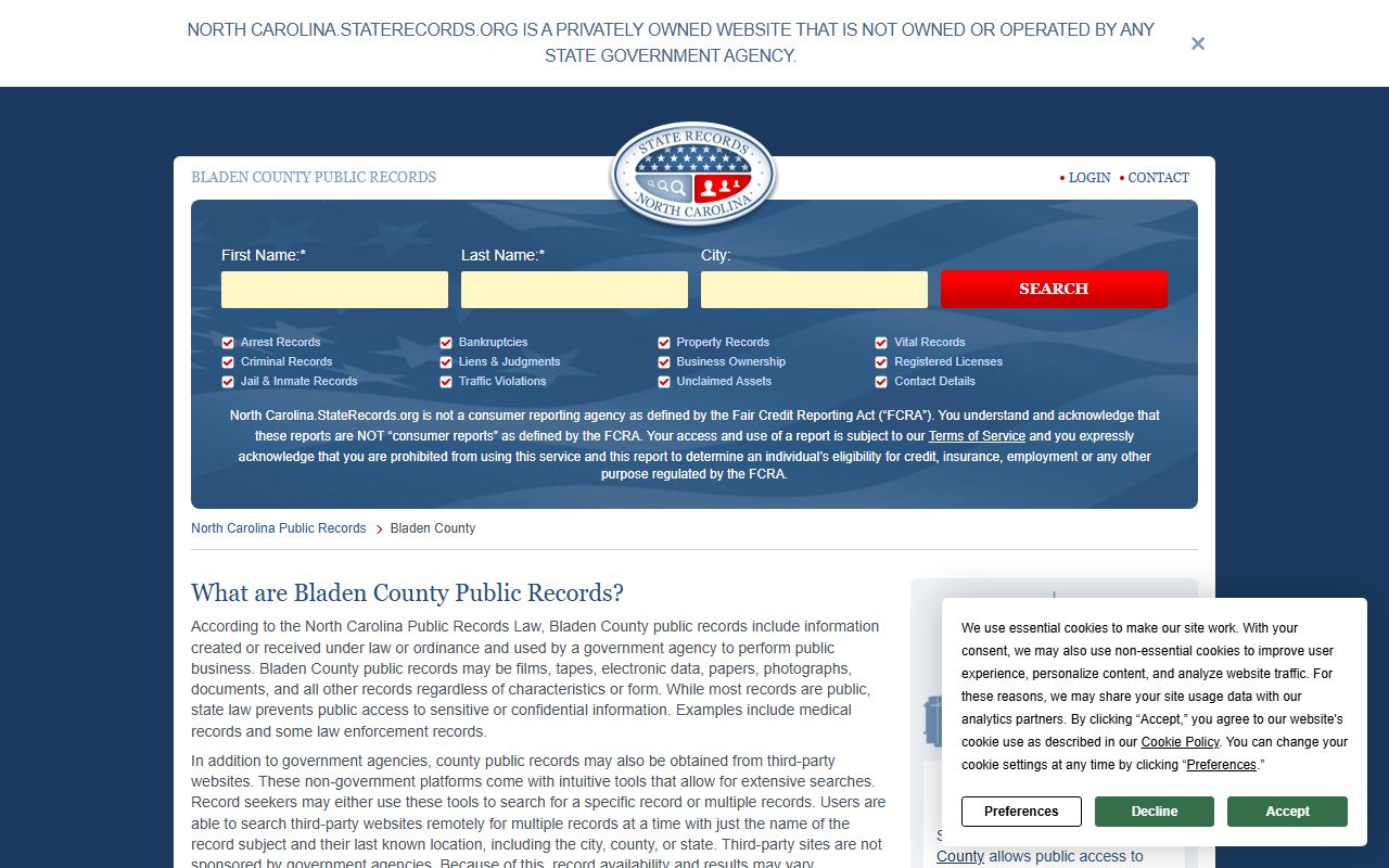 Bladen County comprehensive records information for DUI searches