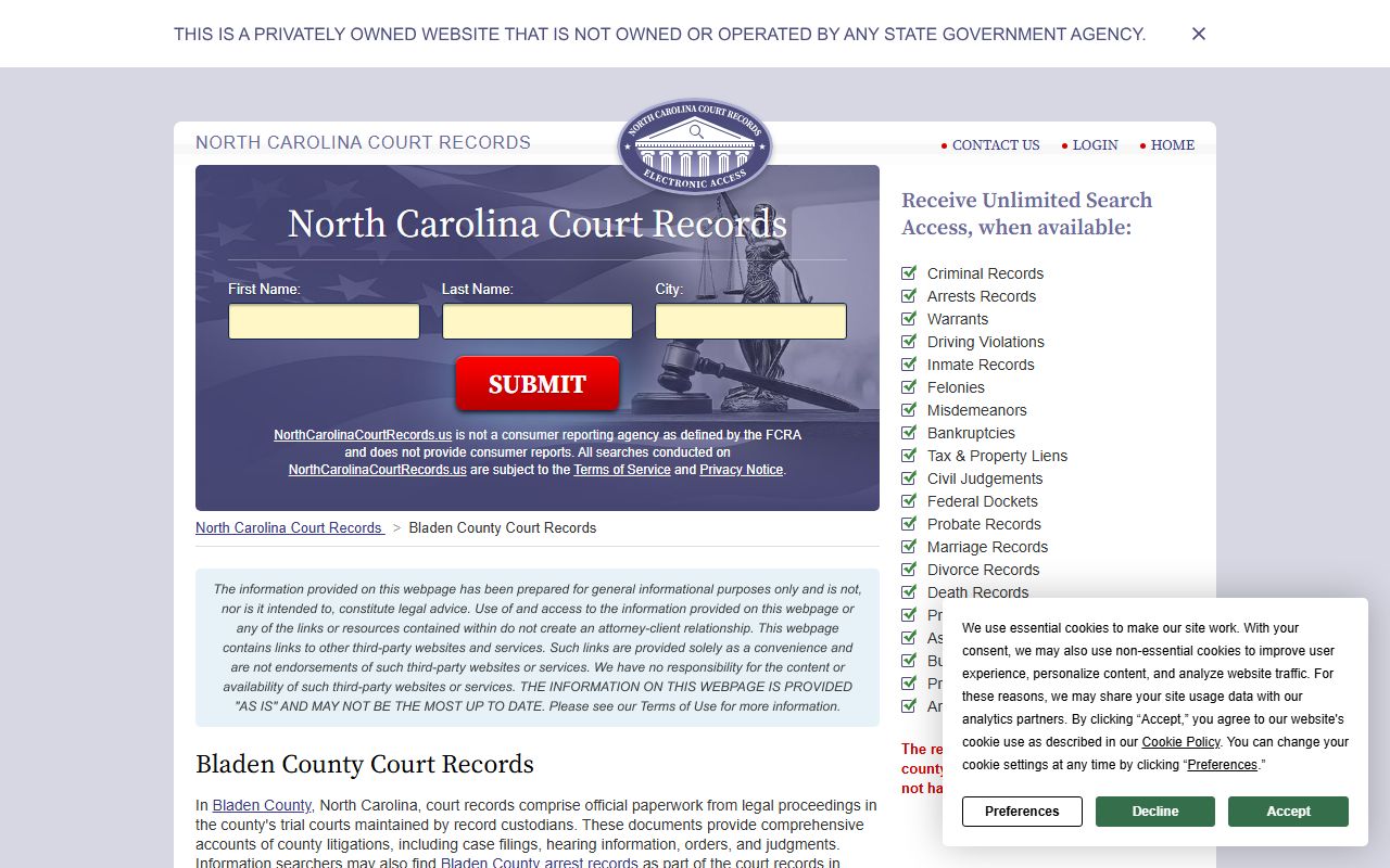 Bladen County court records access guide for DUI case searches