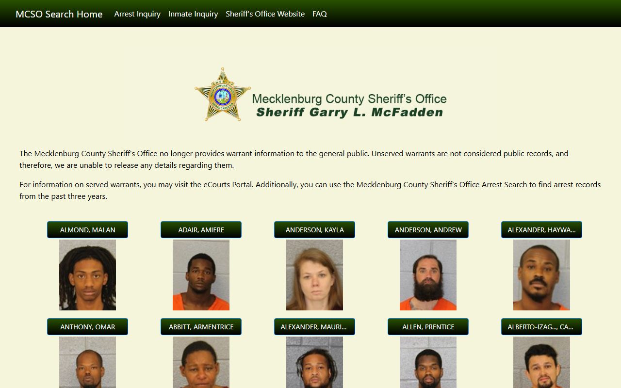 Mecklenburg County Sheriff Office inmate search for DUI arrests