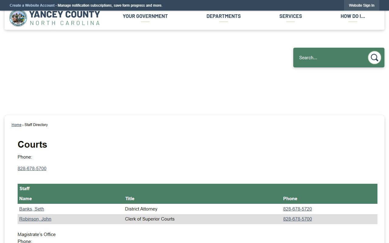 Yancey County staff directory for DUI record searches