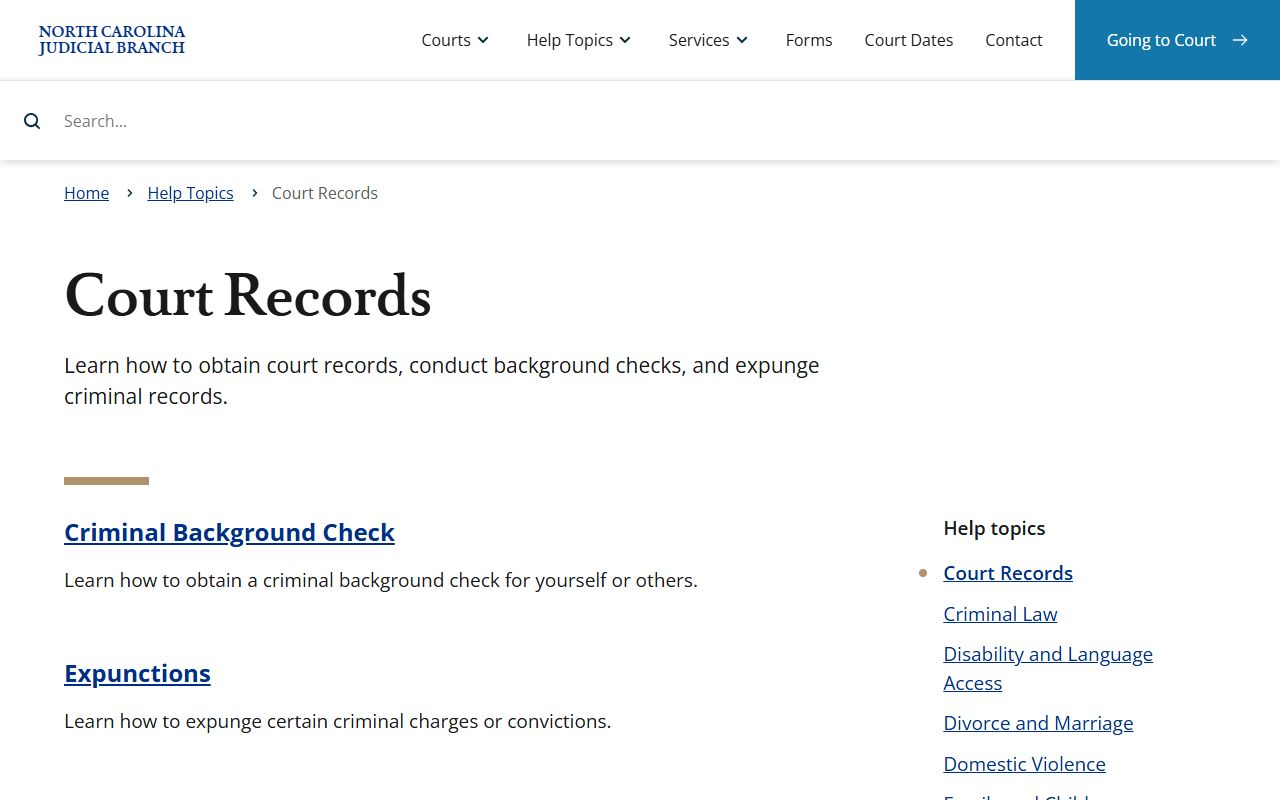 Court records help page for North Carolina DUI records access