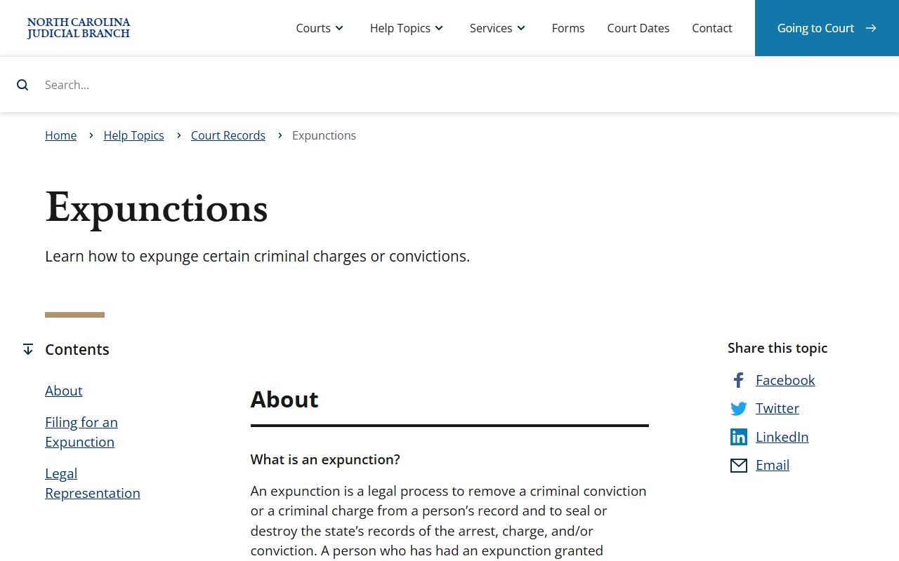 Expungement information for North Carolina DUI records