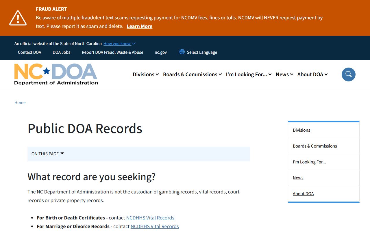North Carolina DOA public records page for DUI records requests