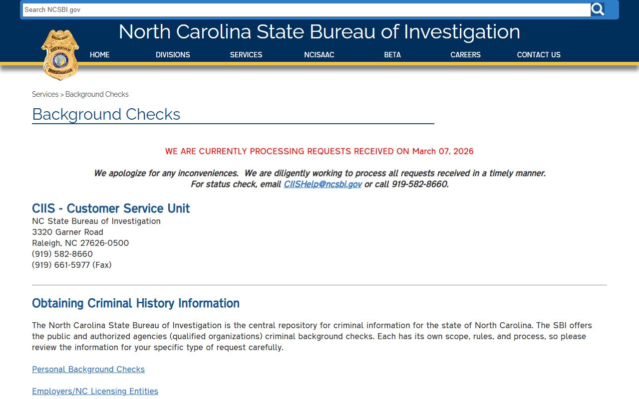SBI background check page for North Carolina DUI records searches